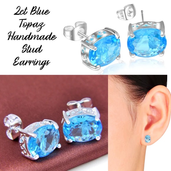 Handmade Jewelry - Luxurious 2ct Blue Topaz 925 Sterling Silver Oval Stud Handmade Earrings